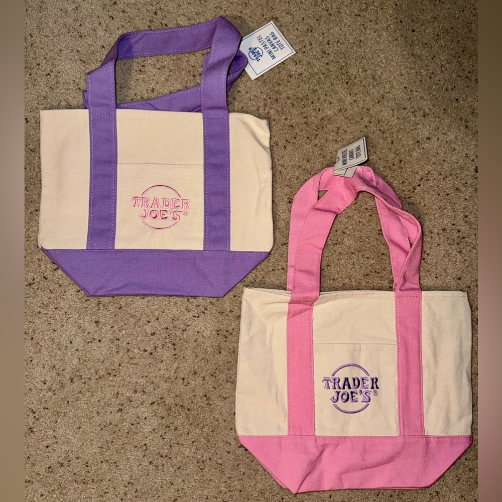 2 Trader Joes Mini Canvas Tote Bag - Pink and Purple Trim